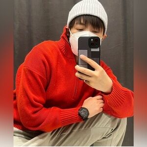 J crew Men’s Cashmere 1/4 Zip Tight Knit Red Long Sleeves Sweater L‎ Christmas